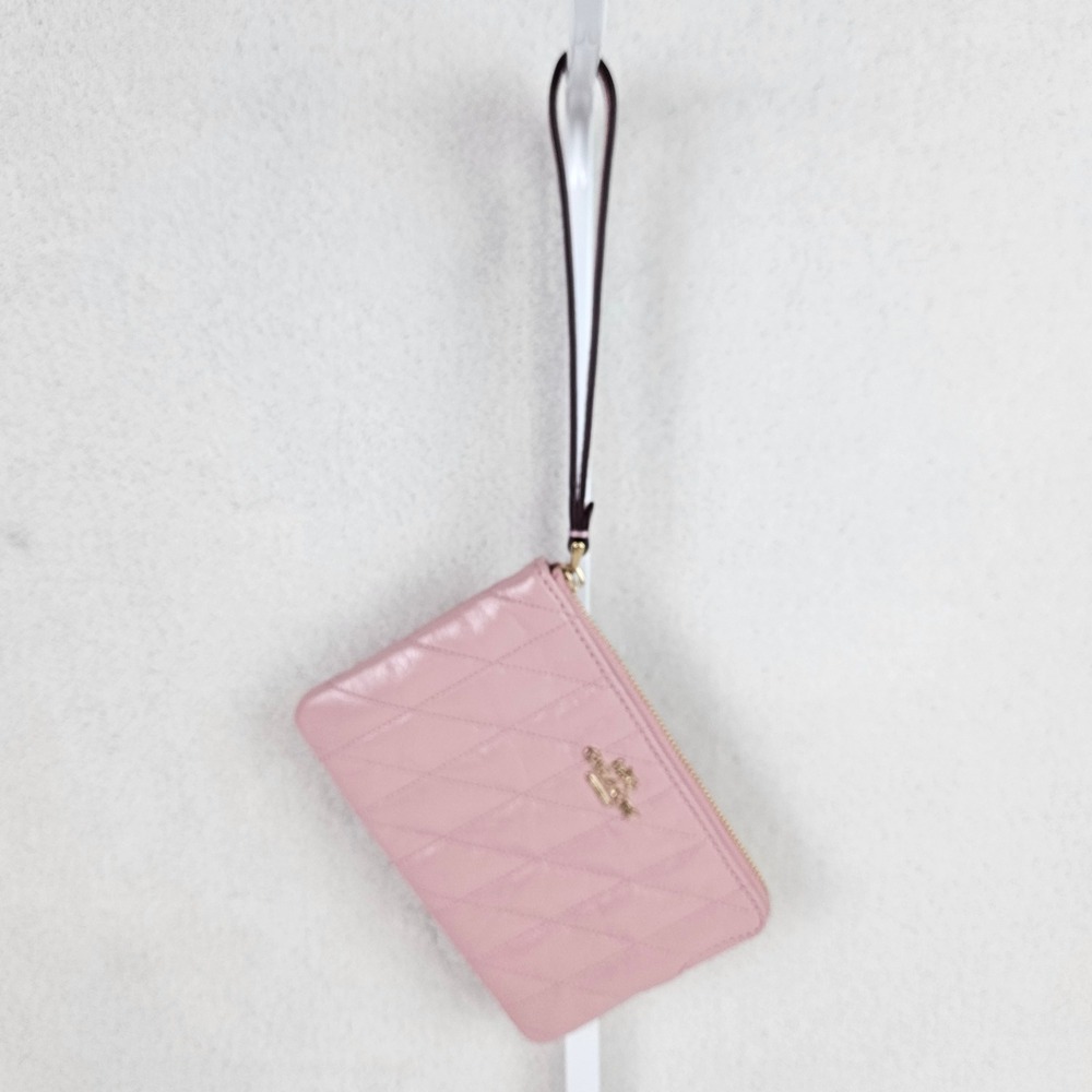 Coach Pink Quilted Leather Wristlet Small Zip Clutch Gold Hardware Bag